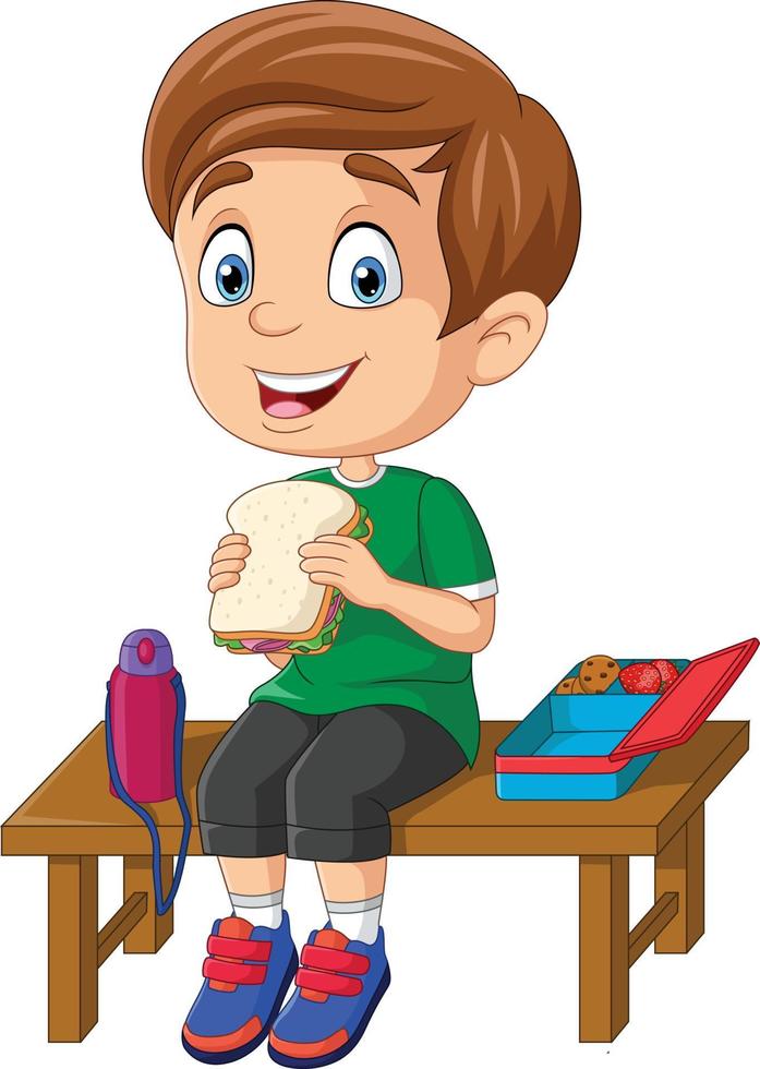 menino de escola dos desenhos animados comendo pão vetor