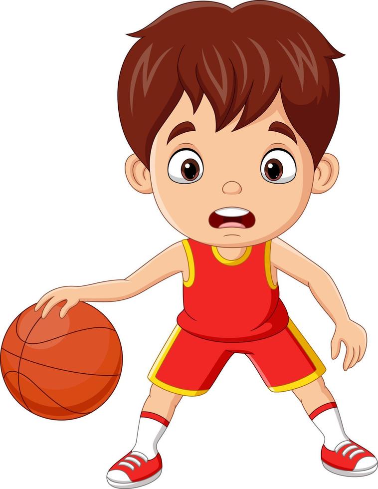 desenho animado garotinho jogando basquete vetor