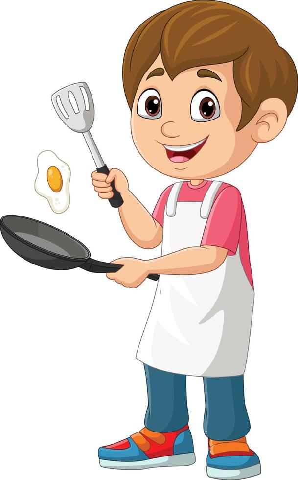 desenho animado garotinho fritando ovo vetor