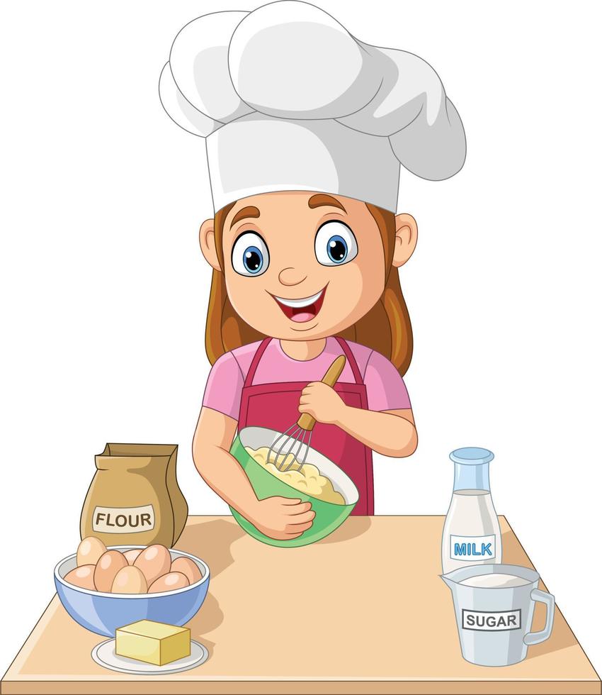 menina dos desenhos animados cozinhando fazendo um bolo vetor