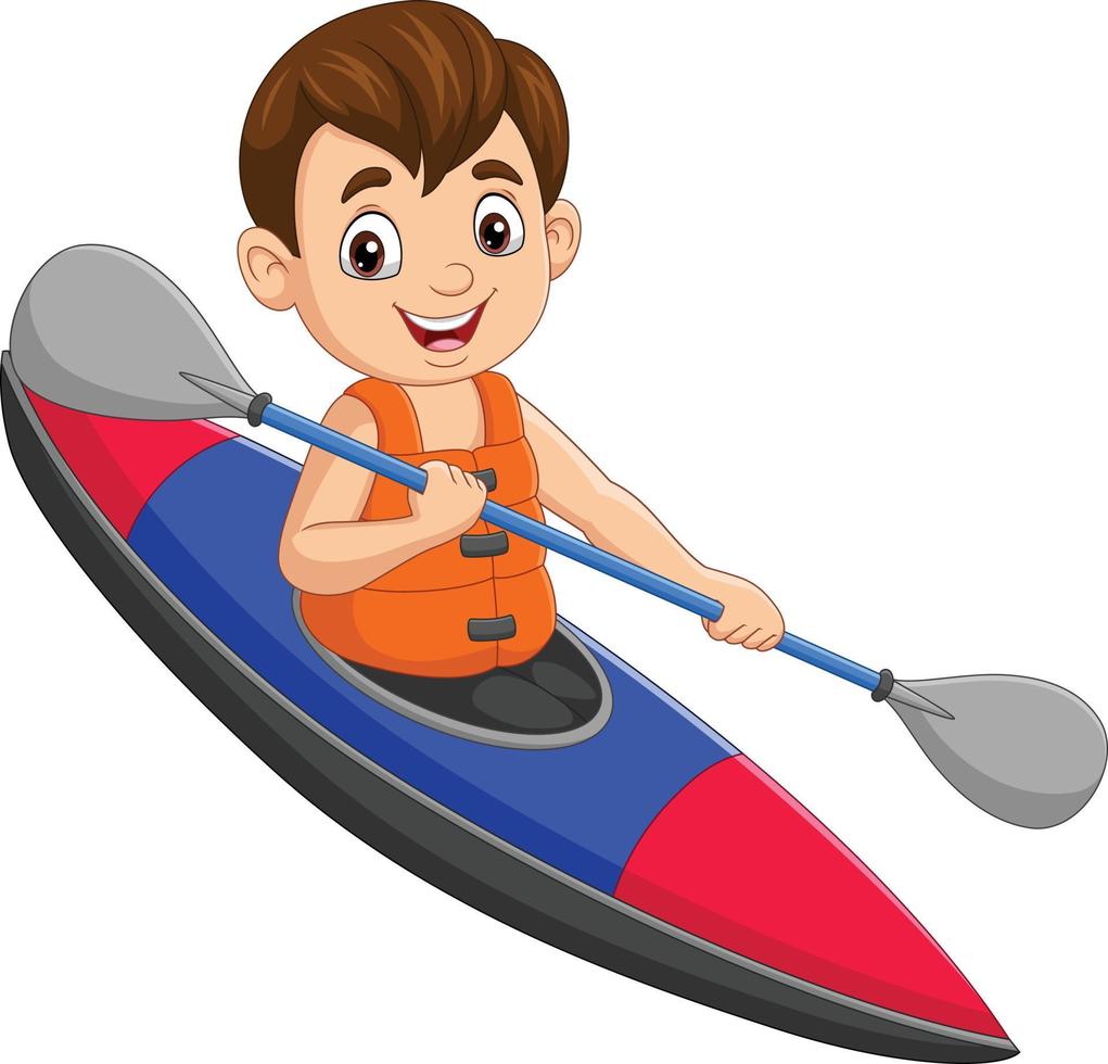 desenho animado garotinho remando um barco vetor