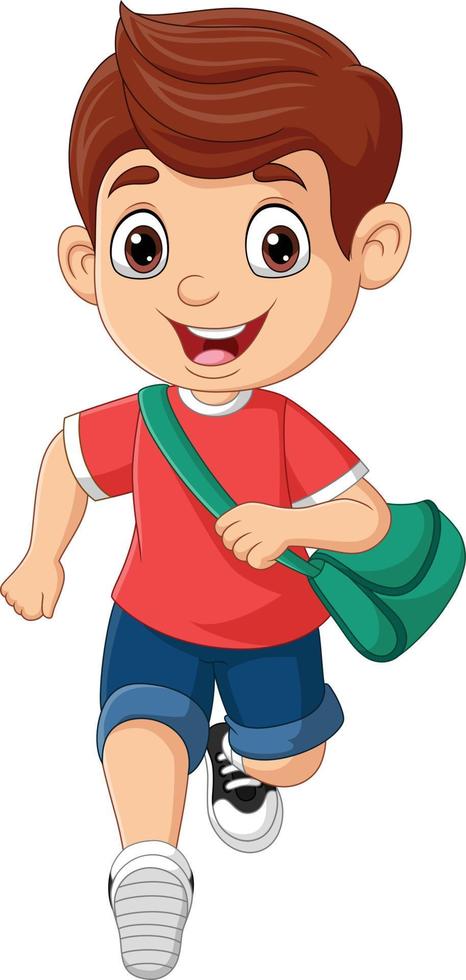 menino de escola dos desenhos animados com mochila correndo vetor