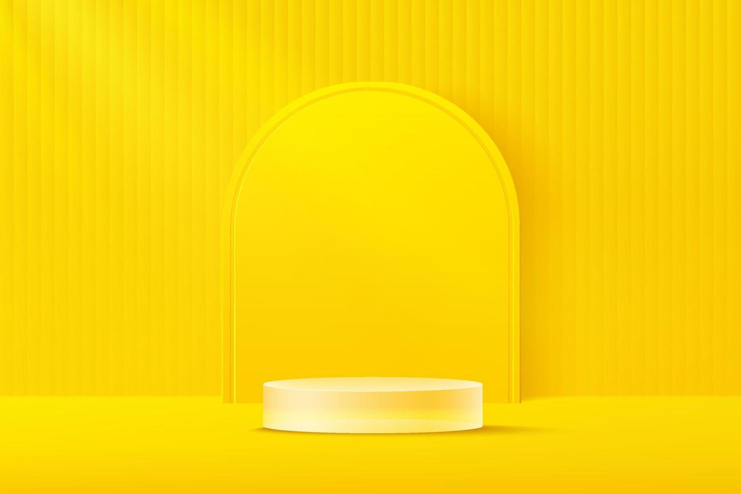 pódio de pedestal de cilindro de vidro transparente. cena de parede mínima amarela brilhante com pano de fundo de forma geométrica. renderização vetorial em forma 3d para apresentação de exibição do produto. conceito de quarto abstrato. vetor