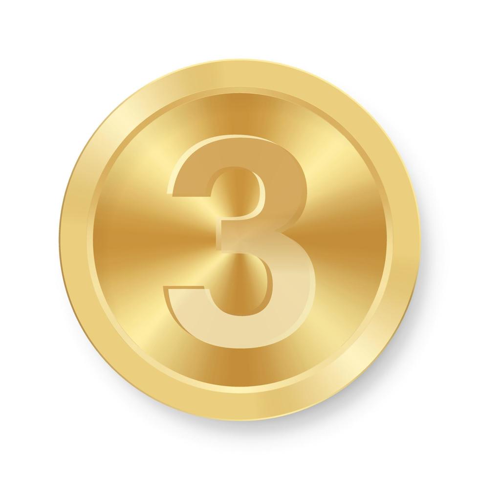 moeda de ouro com o conceito número três do ícone da internet vetor