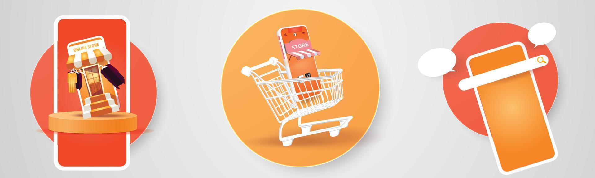 compras on-line em smartphone e nova promoção de venda de compra backgroud rosa para o conceito de mulheres de comércio eletrônico de mercado de banner. vetor