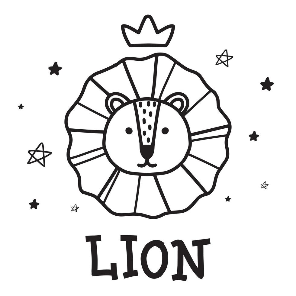 pôster infantil com um leão fofo. estilo doodle. cartaz desenhado de mão com cabeça de leão e coroa. ilustração vetorial adequada para impressões, cartões postais e cartazes. vetor