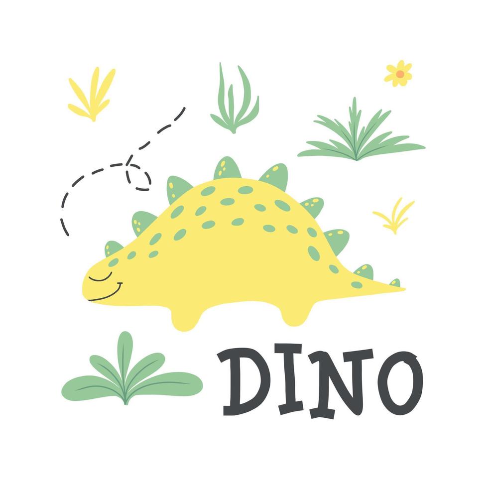 pôster infantil com um dinossauro fofo. ilustração desenhada à mão com dino. a ilustração é adequada para canecas, pôsteres de berçário, cartões postais. ilustração vetorial. vetor