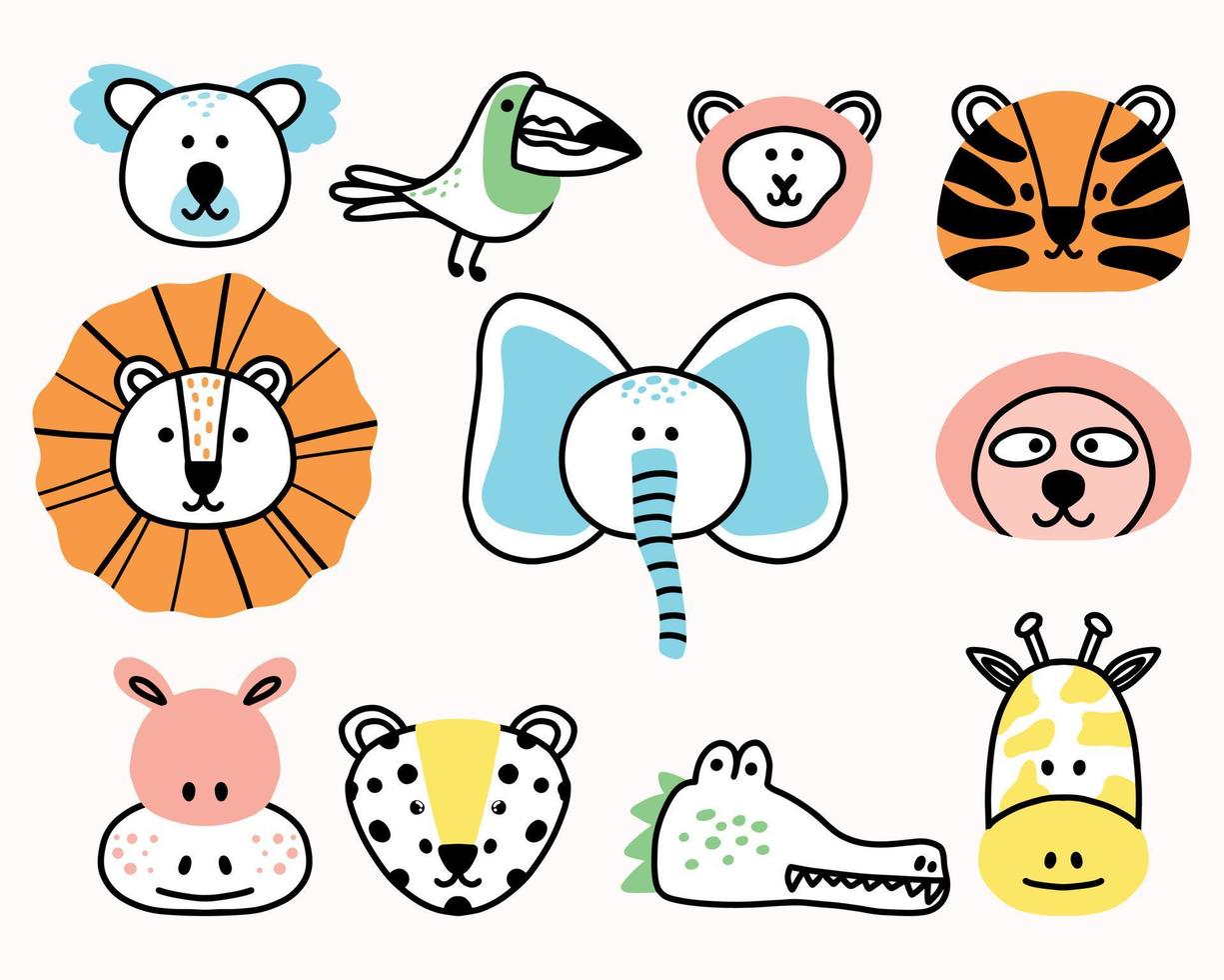 conjunto infantil de animais em estilo doodle. ilustração vetorial. conjunto de animais da selva. vetor