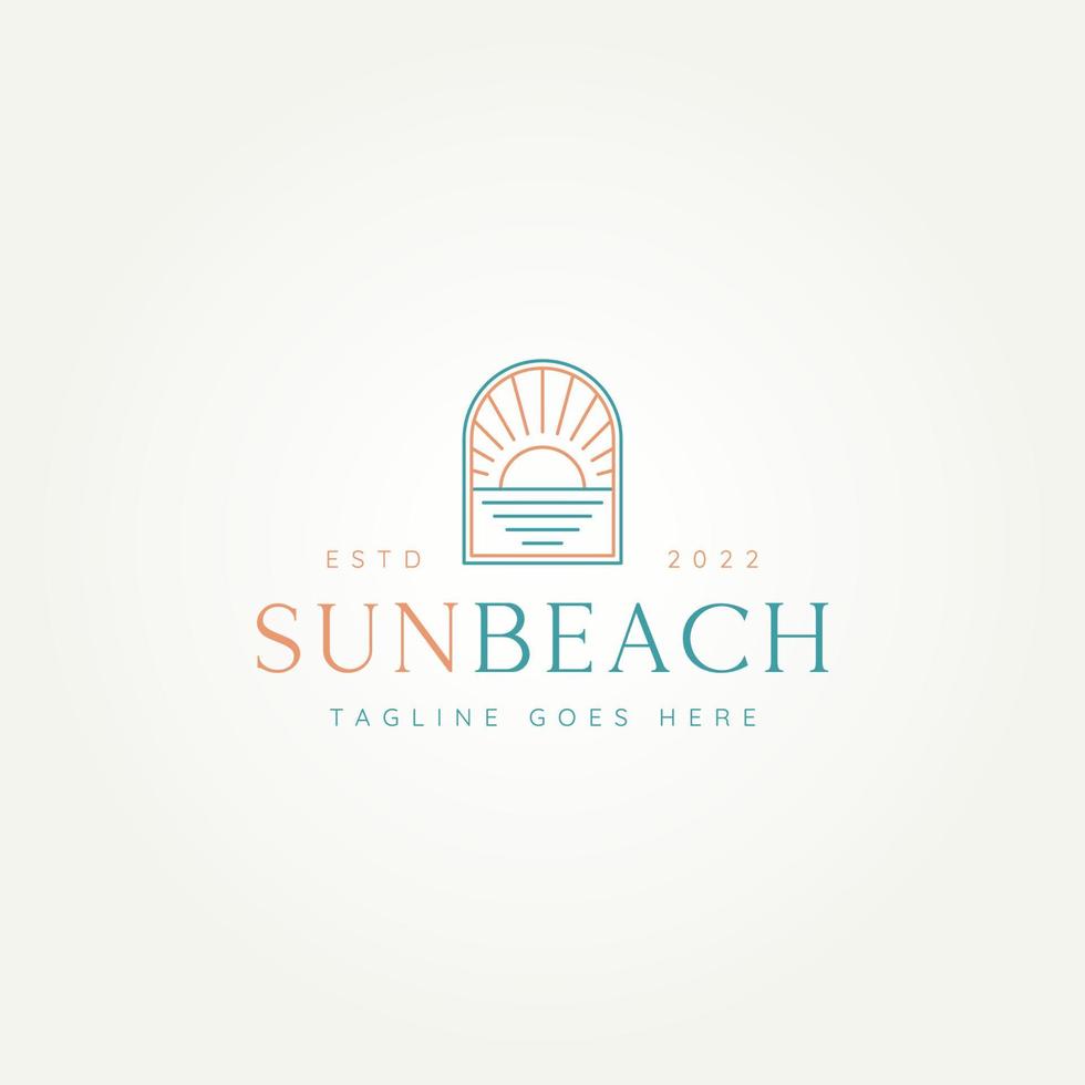 design de logotipo de distintivo simples de arte de linha de oceano de praia de sol vetor