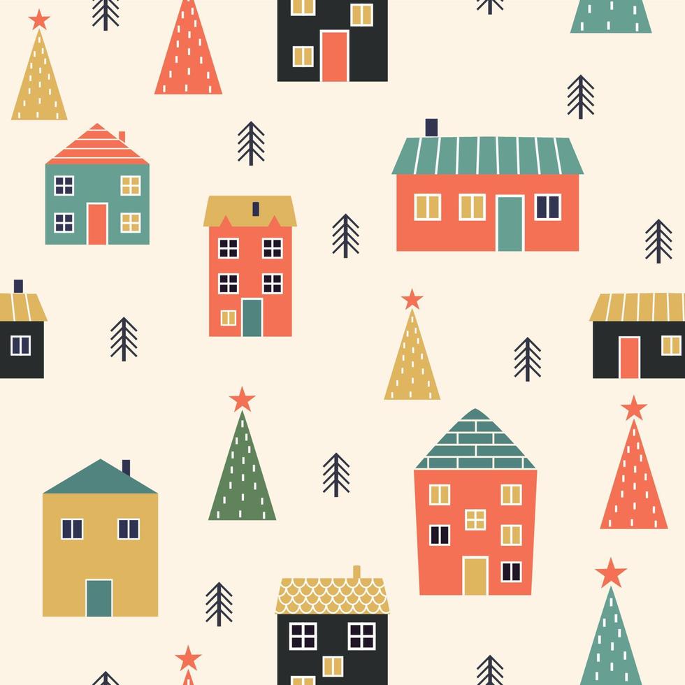 padrão perfeito de natal com árvores de casas vetor