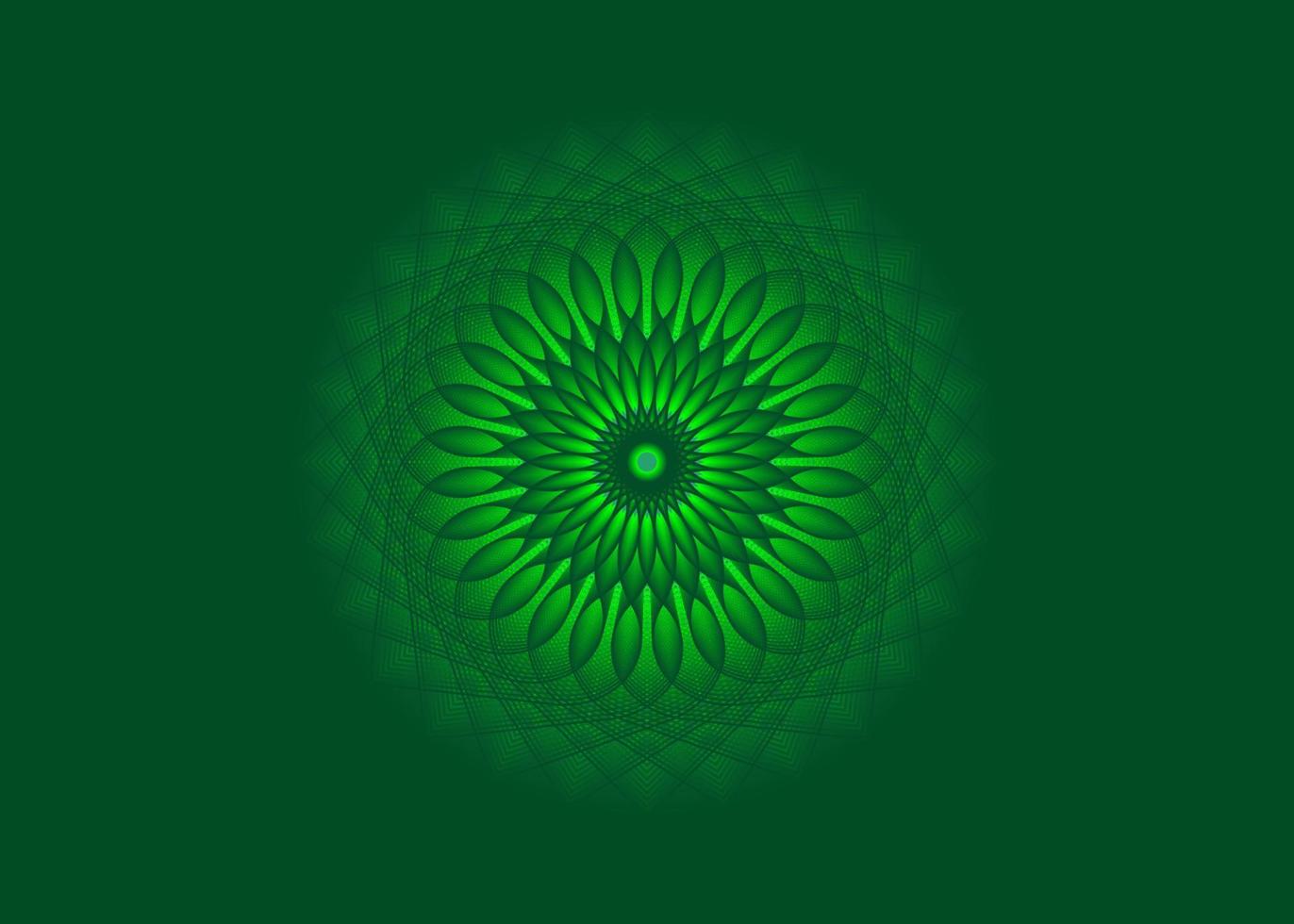 mandala brilhante luz, geometria sagrada, ícone de círculo meditativo de flor verde, design de logotipo geométrico, roda religiosa mística, conceito de quarto chakra indiano, vetor isolado em fundo verde