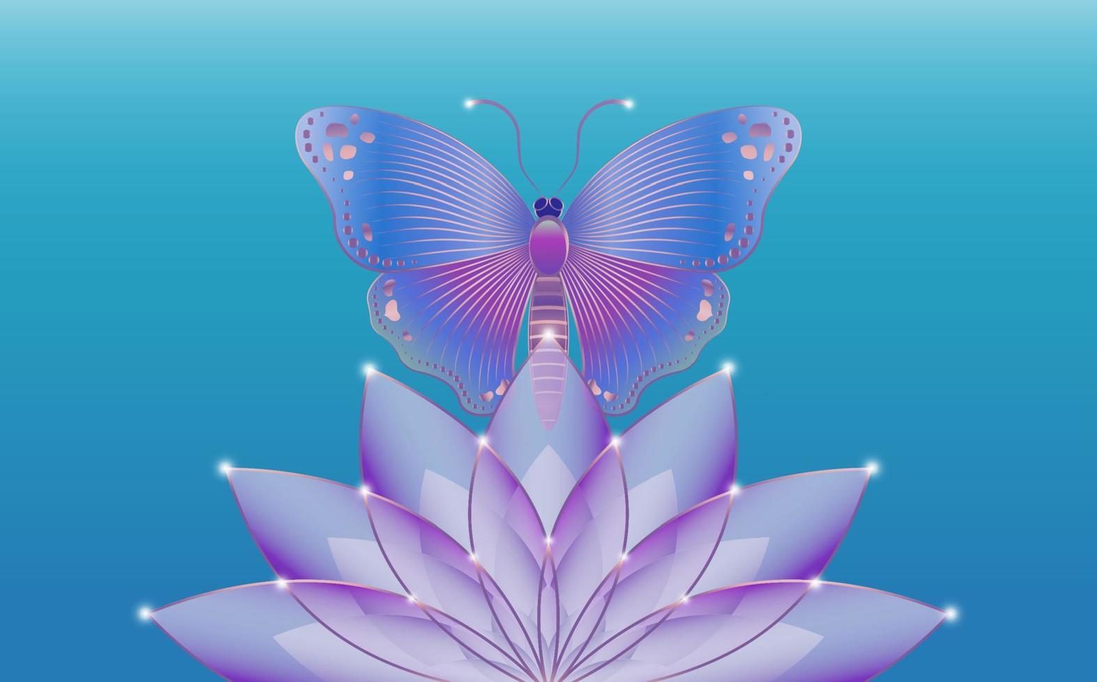 flor de lótus sagrada e slogan de logotipo de borboleta mística com modelo de flor colorida de borboleta colorida. design vetorial para impressão de moda, pôster e cartão, isolado em fundo azul vetor