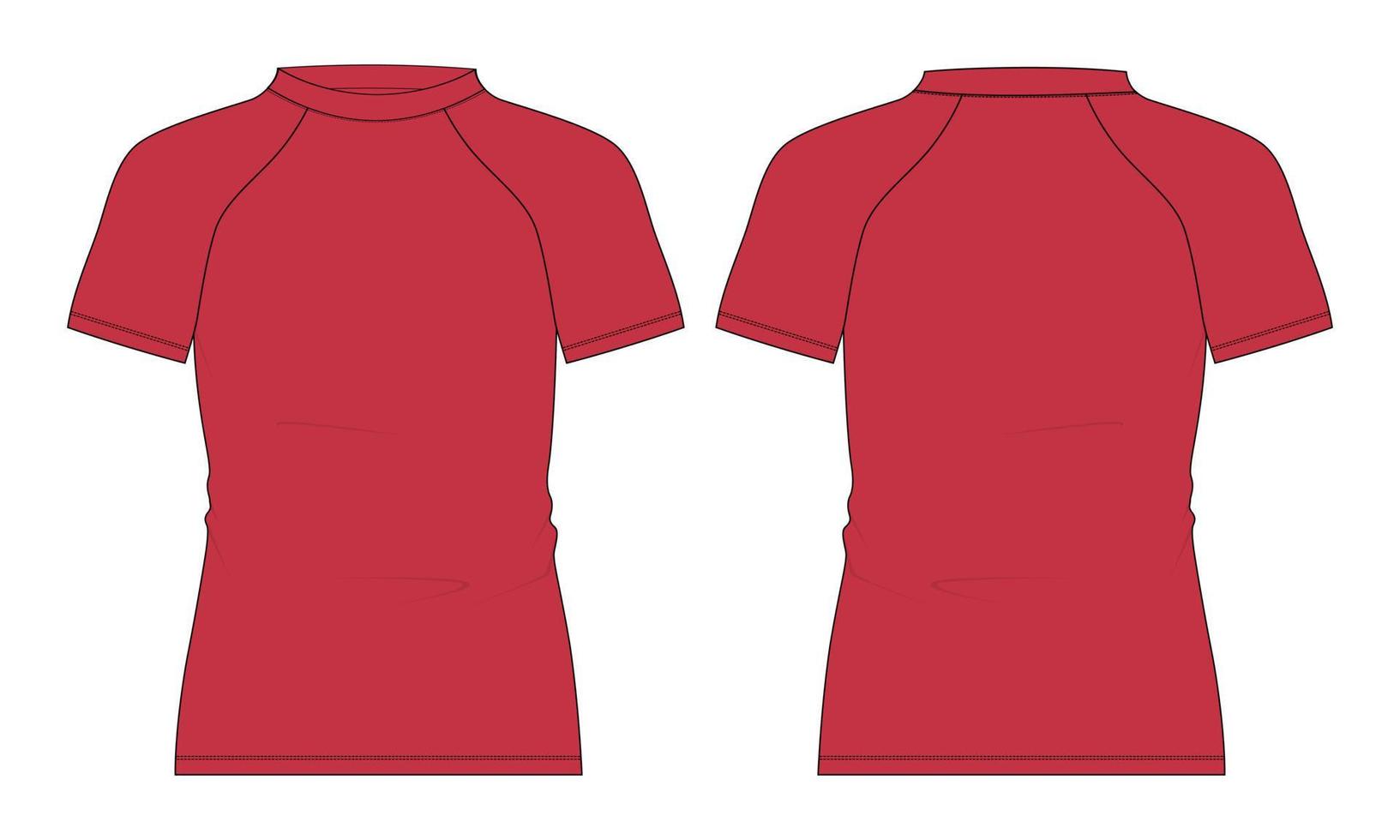 manga curta raglan slim fit t-shirt geral técnico plano ilustração vetorial modelo de cor vermelha frente e vista traseira. vetor