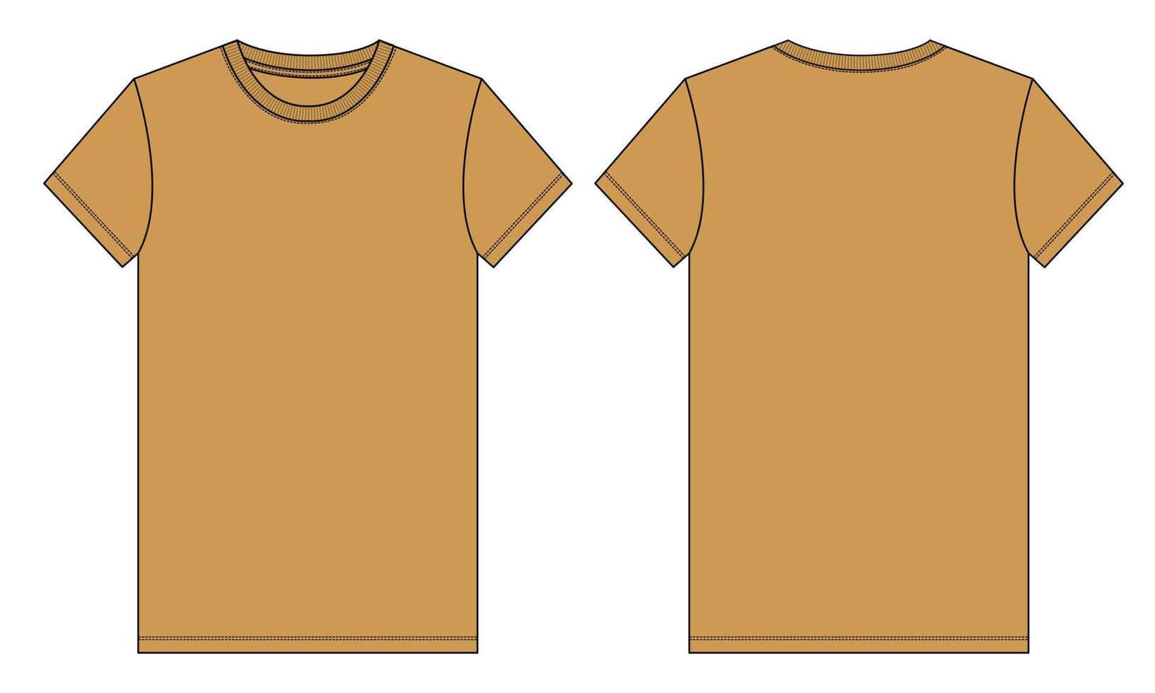 Modelo de cor amarela de desenho plano de moda técnica de camiseta de manga curta. ilustração vetorial design de vestuário básico frente e vista traseira. edição fácil e personalizável. vetor