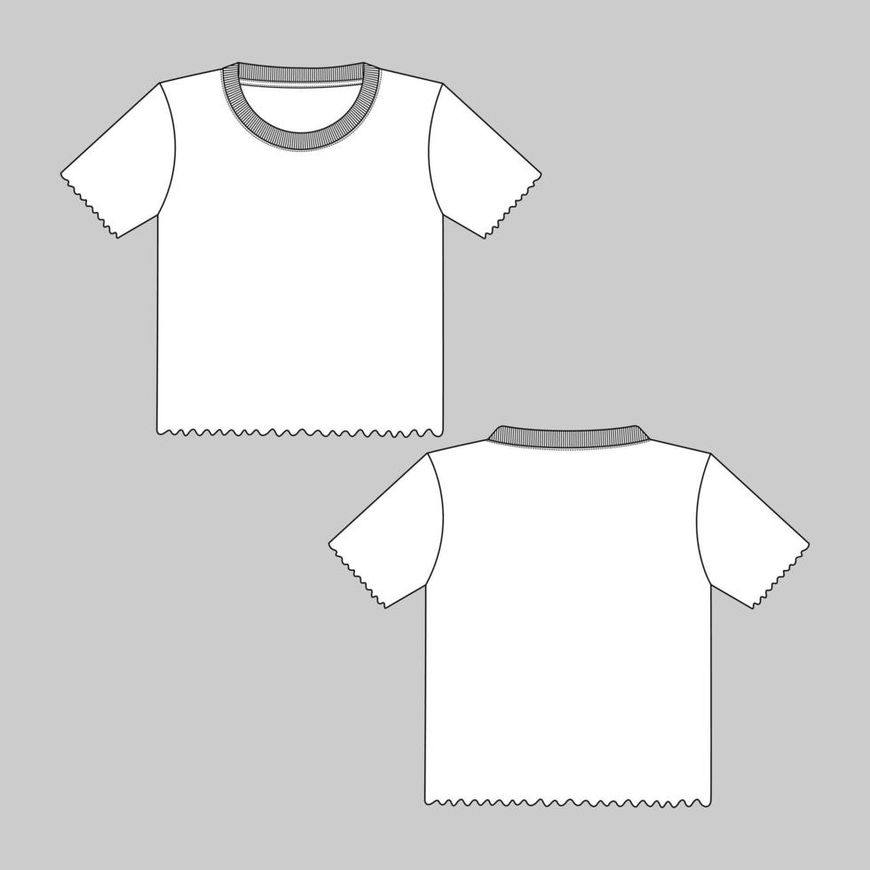 Modelo de moda de esboço técnico de camiseta de manga curta para mulheres e meninas. roupa de ilustração de arte vetorial simulada na frente, vista traseira. edição fácil personalizável vetor