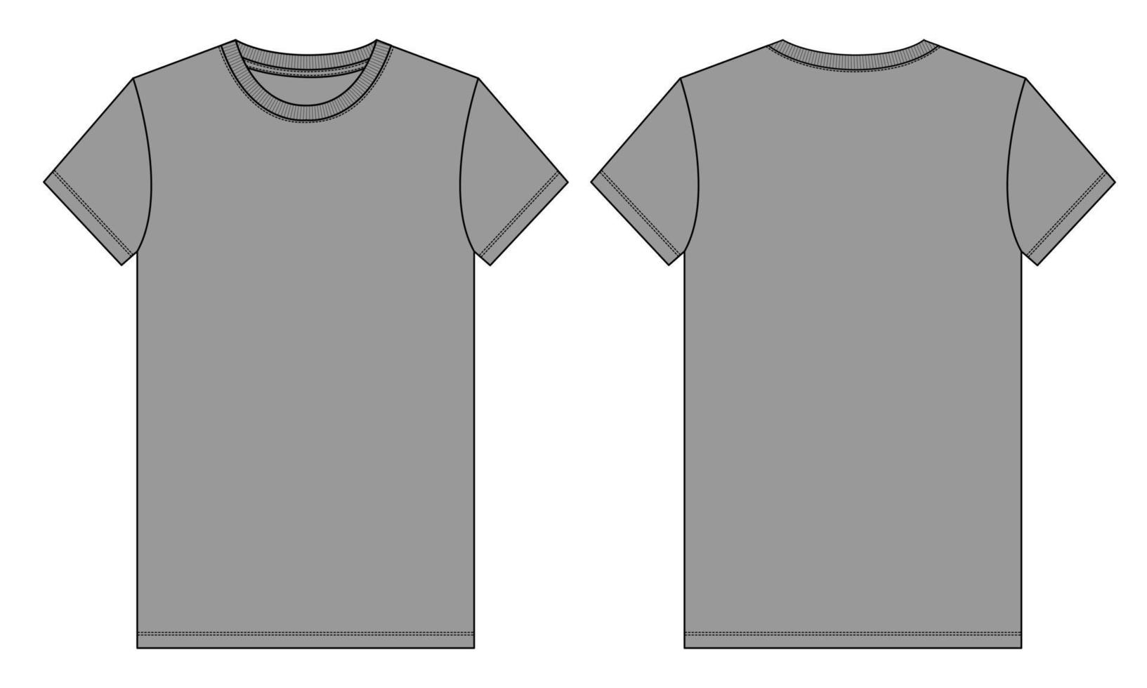 Modelo de cor cinza de desenho plano de moda técnica de camiseta de manga curta. ilustração vetorial design de vestuário básico frente e vista traseira. edição fácil e personalizável. vetor