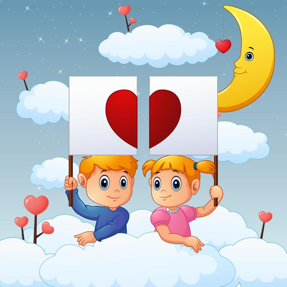 crianças dos desenhos animados juntos segurando a placa de sinalização do coração na nuvem vetor