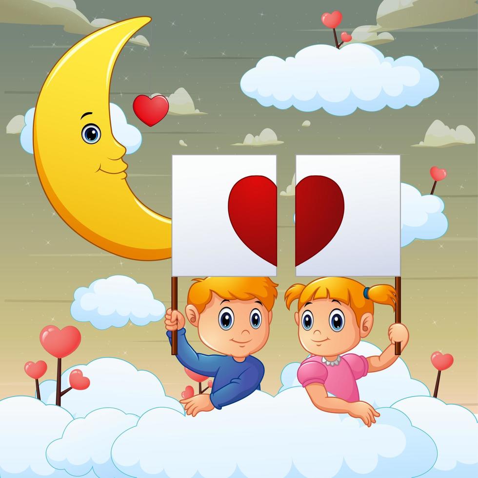 crianças dos desenhos animados juntos segurando a placa de sinalização do coração na nuvem vetor