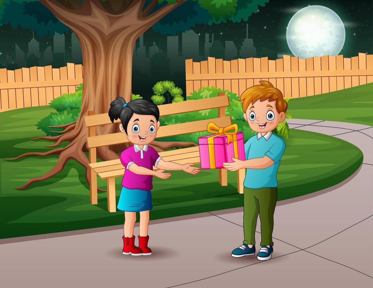 menino feliz dos desenhos animados dando um presente para sua namorada vetor