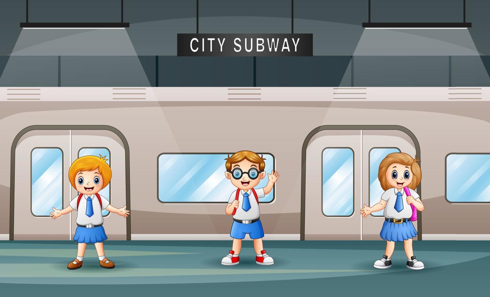 desenho de crianças em idade escolar em uma estação de trem vetor