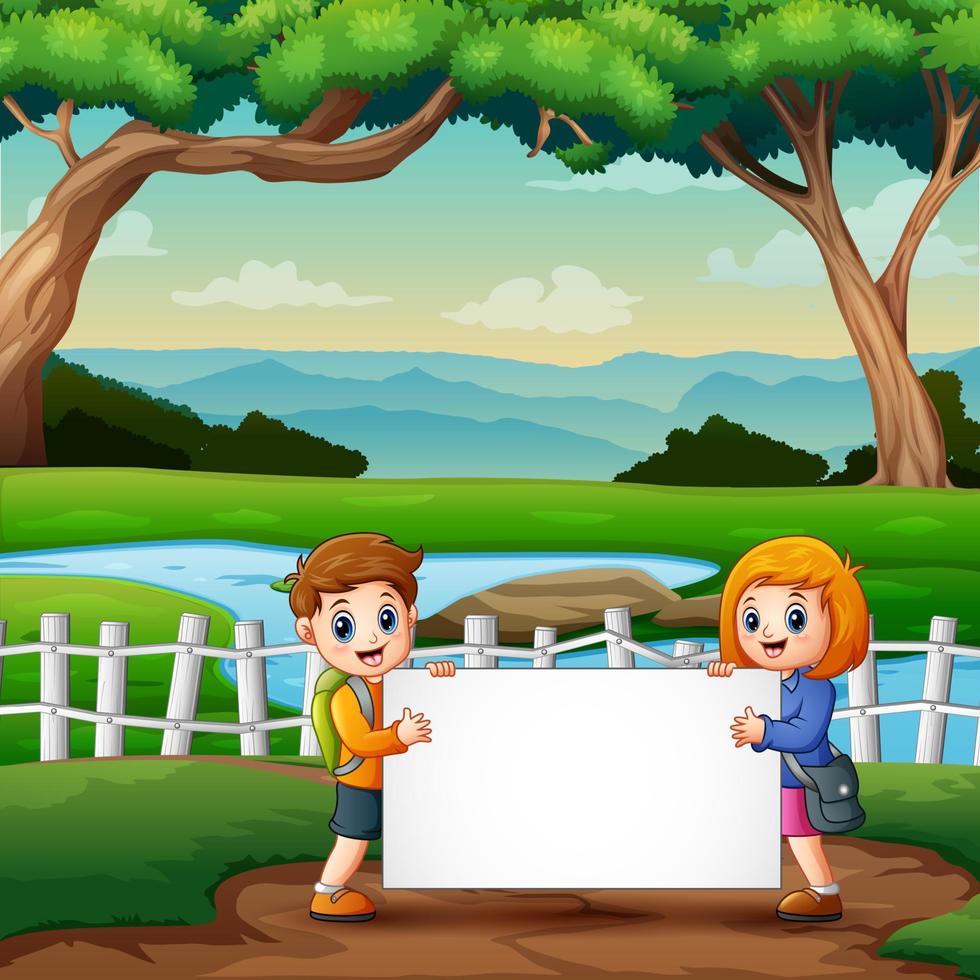 desenho animado um menino e uma menina segurando placa em branco vetor