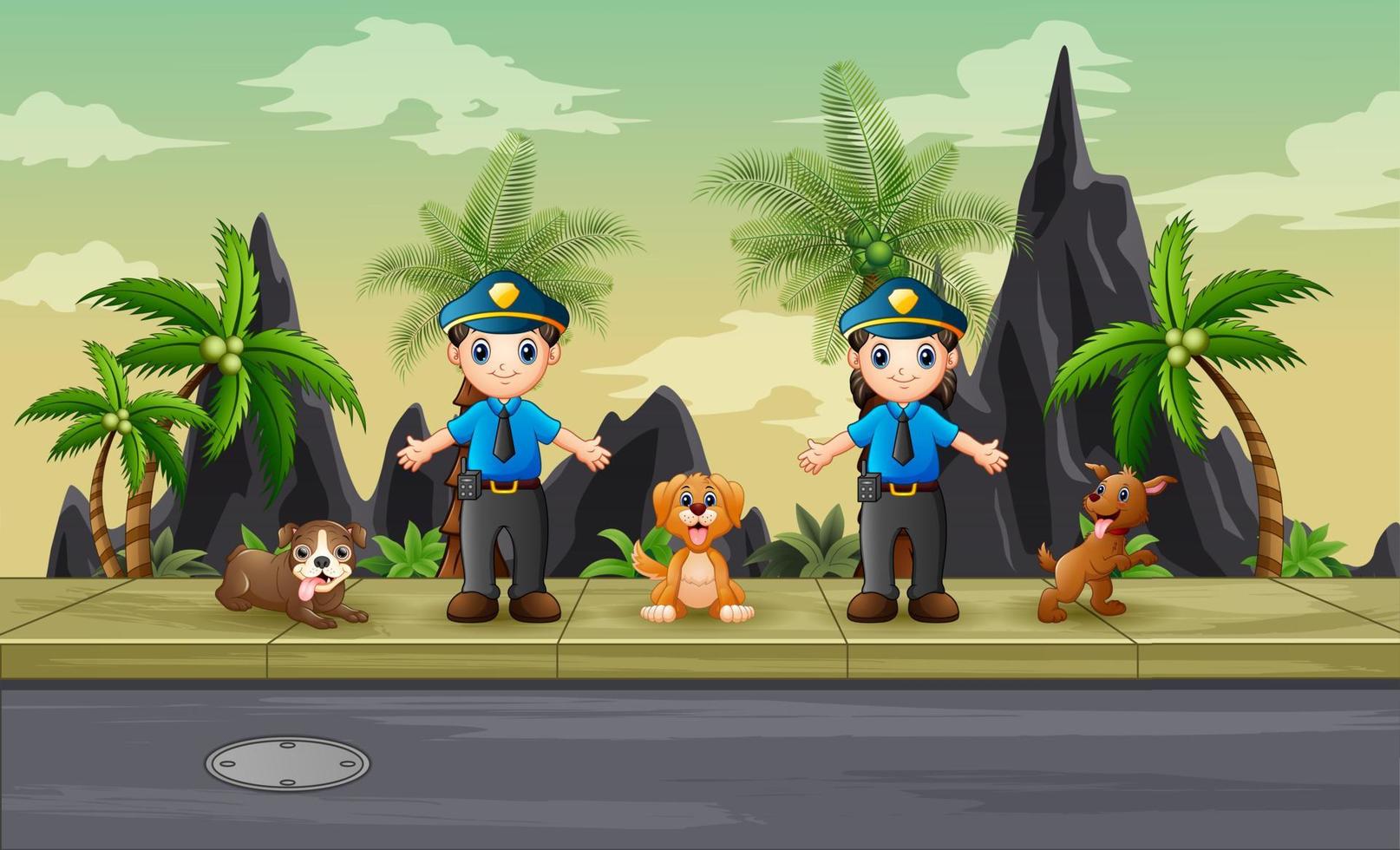 homem e mulher da polícia dos desenhos animados com bloodhound na ilustração da estrada vetor
