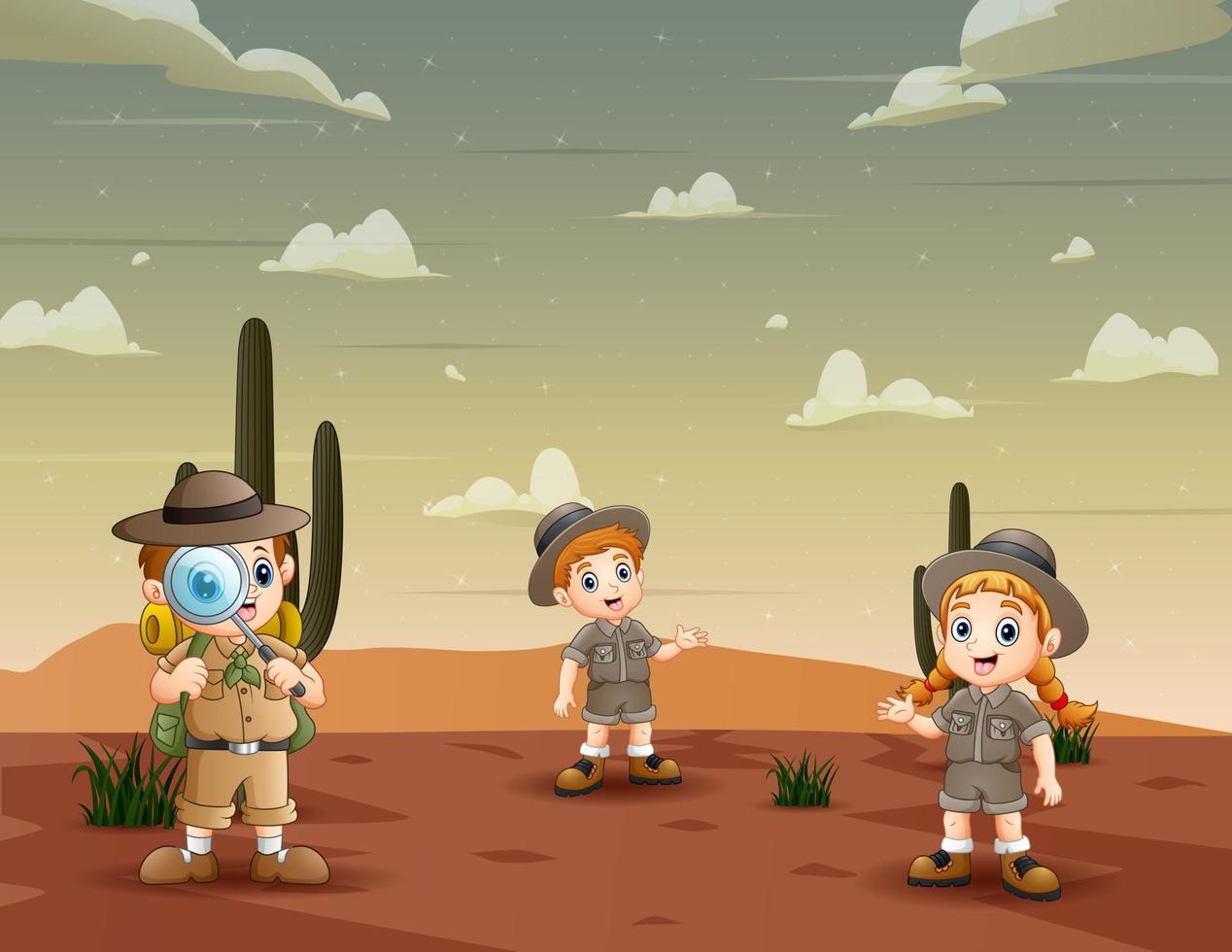 a menina exploradora e menino na ilustração do deserto vetor