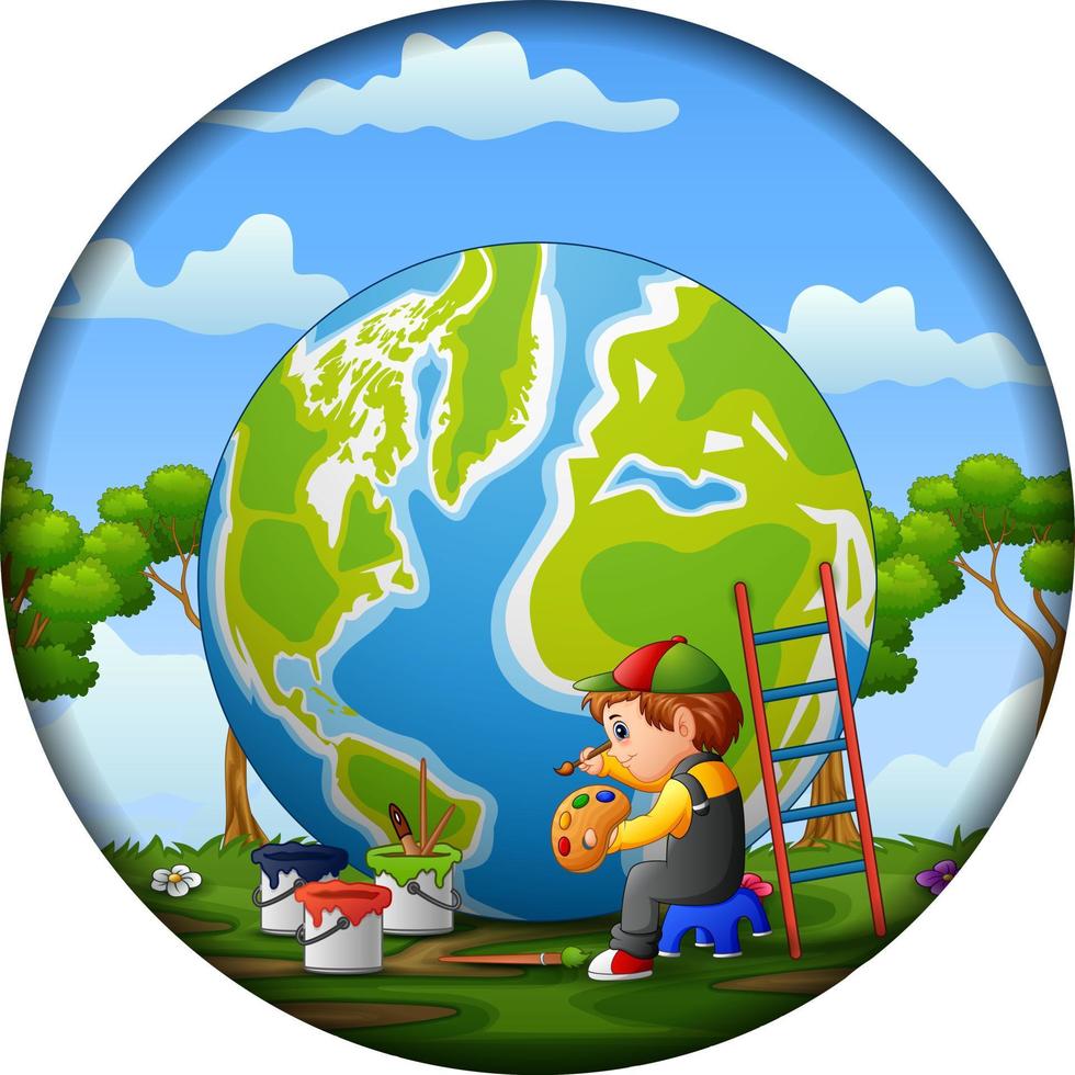 um menino pintando o mundo em moldura redonda vetor