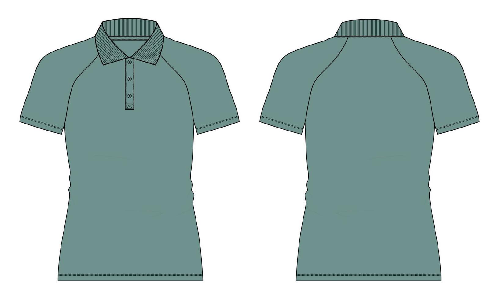 camisa polo raglan de manga curta técnica de moda plana esboço ilustração vetorial verde modelo de cor vista frontal e traseira. vetor