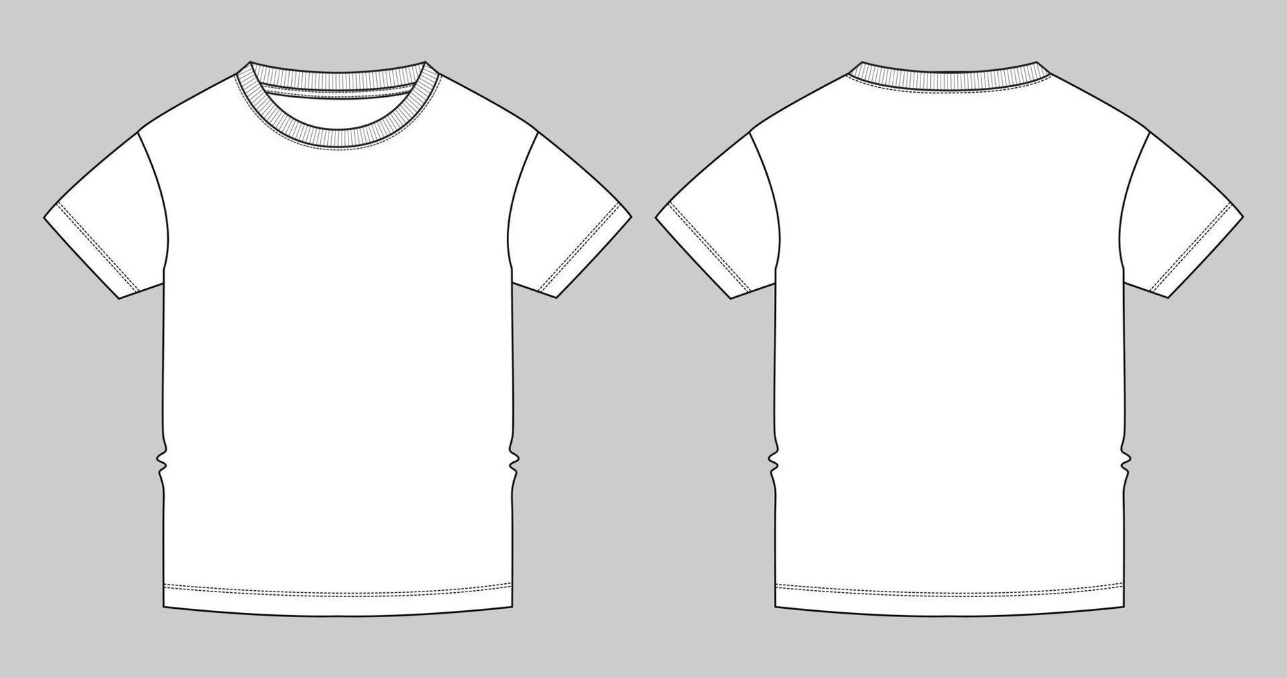 Modelo plano de moda de desenho técnico de t-shirt de manga curta de ajuste regular com decote redondo. ilustração vetorial design de vestuário básico frente e vista traseira. edição fácil e personalizável. vetor
