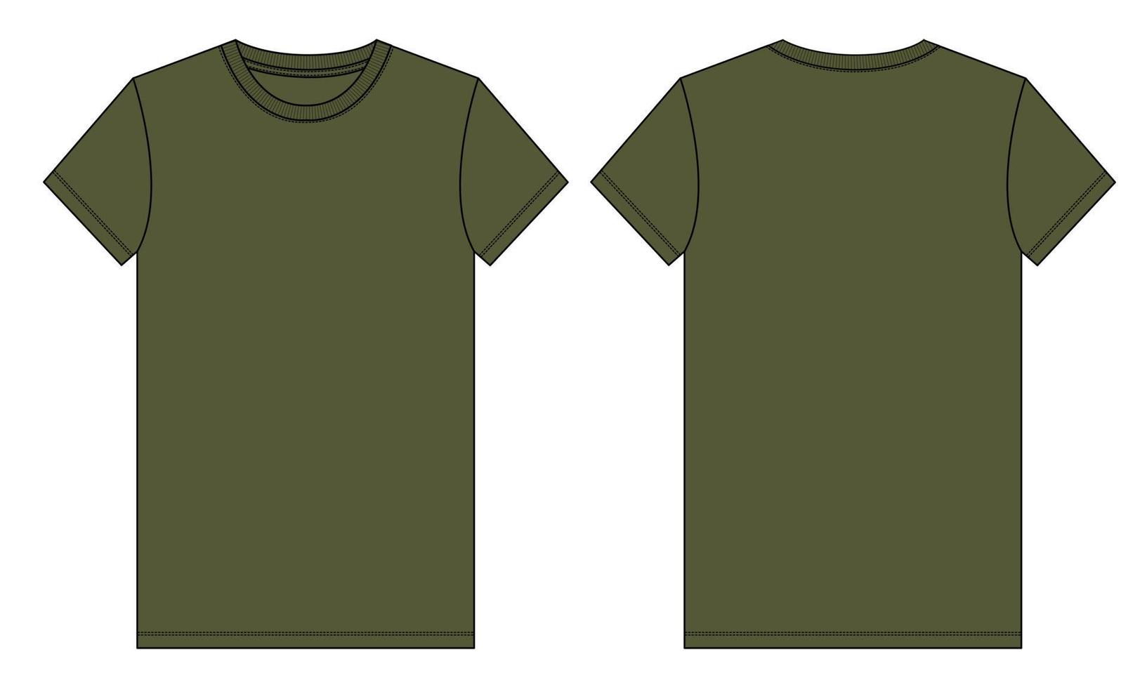 Modelo de cor verde de esboço plano de moda técnica de camiseta de manga curta. ilustração vetorial design de vestuário básico frente e vista traseira. edição fácil e personalizável. vetor