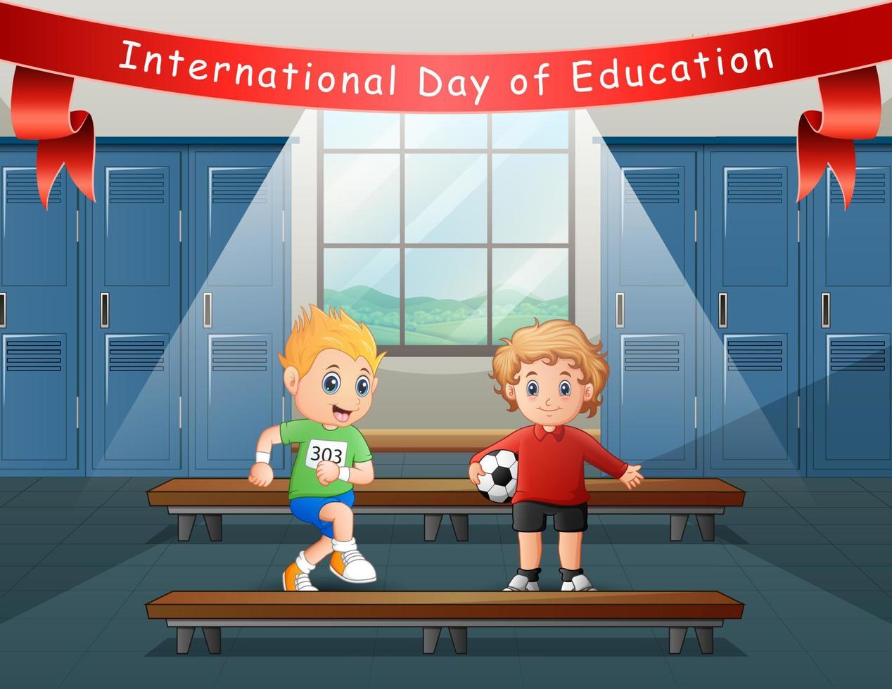 dia internacional da educação com meninos se preparando para o esporte vetor