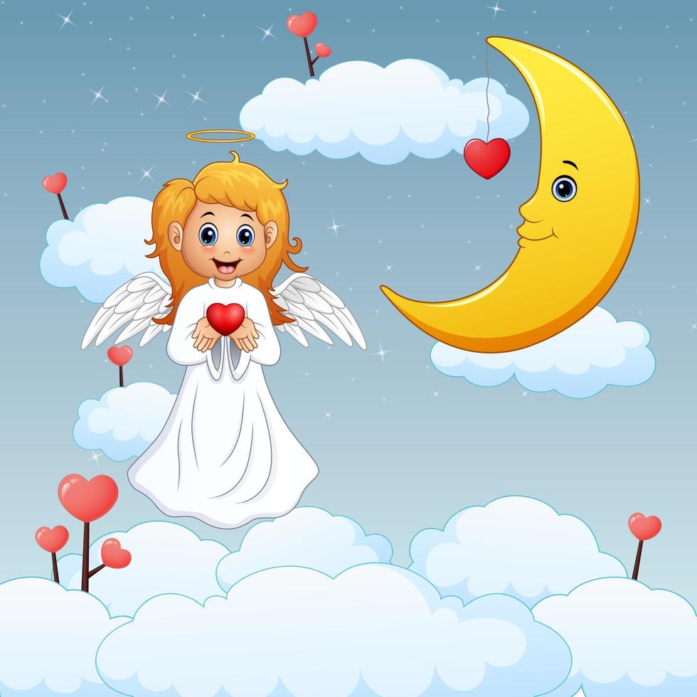 linda garota anjo segurando coração vermelho no céu vetor