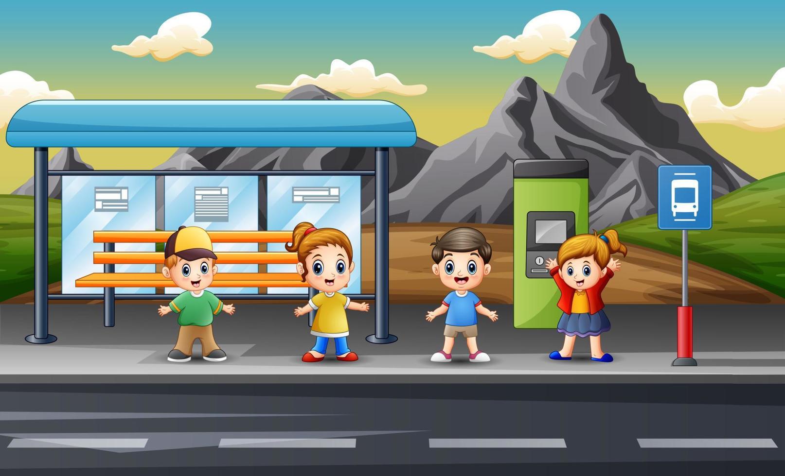 crianças felizes na ilustração do ponto de ônibus vetor