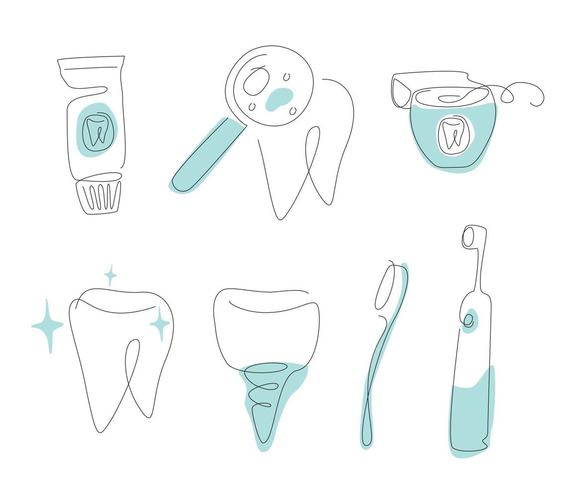 conjunto de uma linha de cuidados dentários. conjunto de arte de linha de dente. ilustração em vetor de contorno de implante. coleção de escova de dente de uma linha.