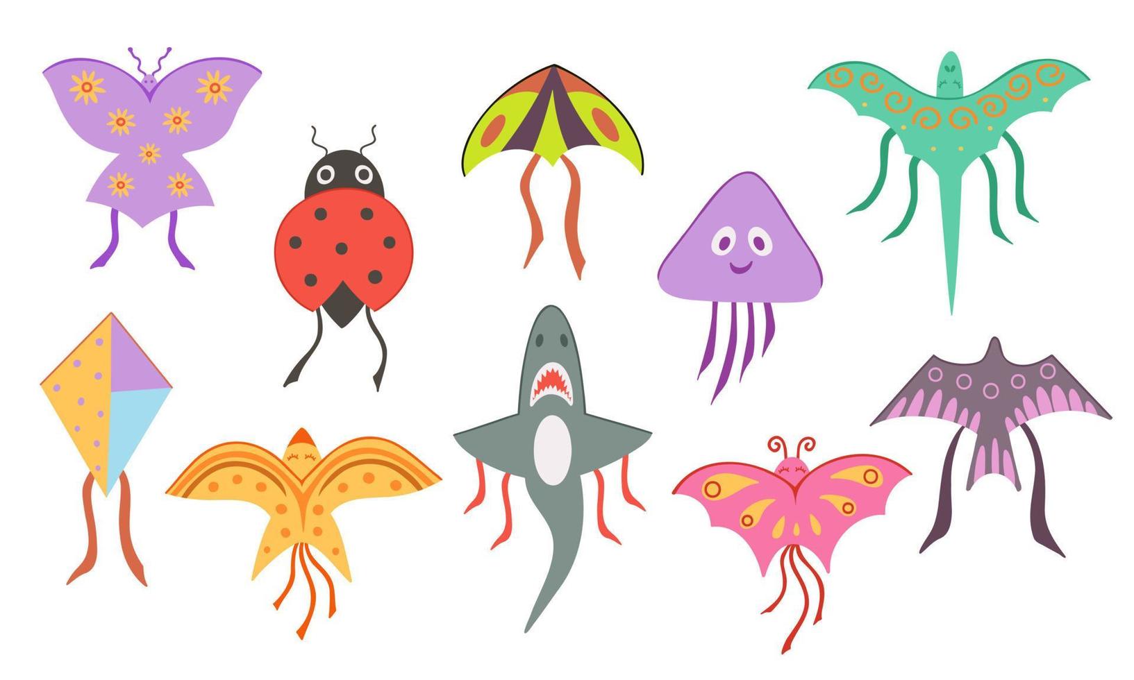 conjunto de pipas, brinquedo voador de verão para crianças em forma de borboleta, joaninha, tubarão, dragão, pássaro. ilustração para fundos, cartões, cartazes e design sazonal. isolado no fundo branco. vetor