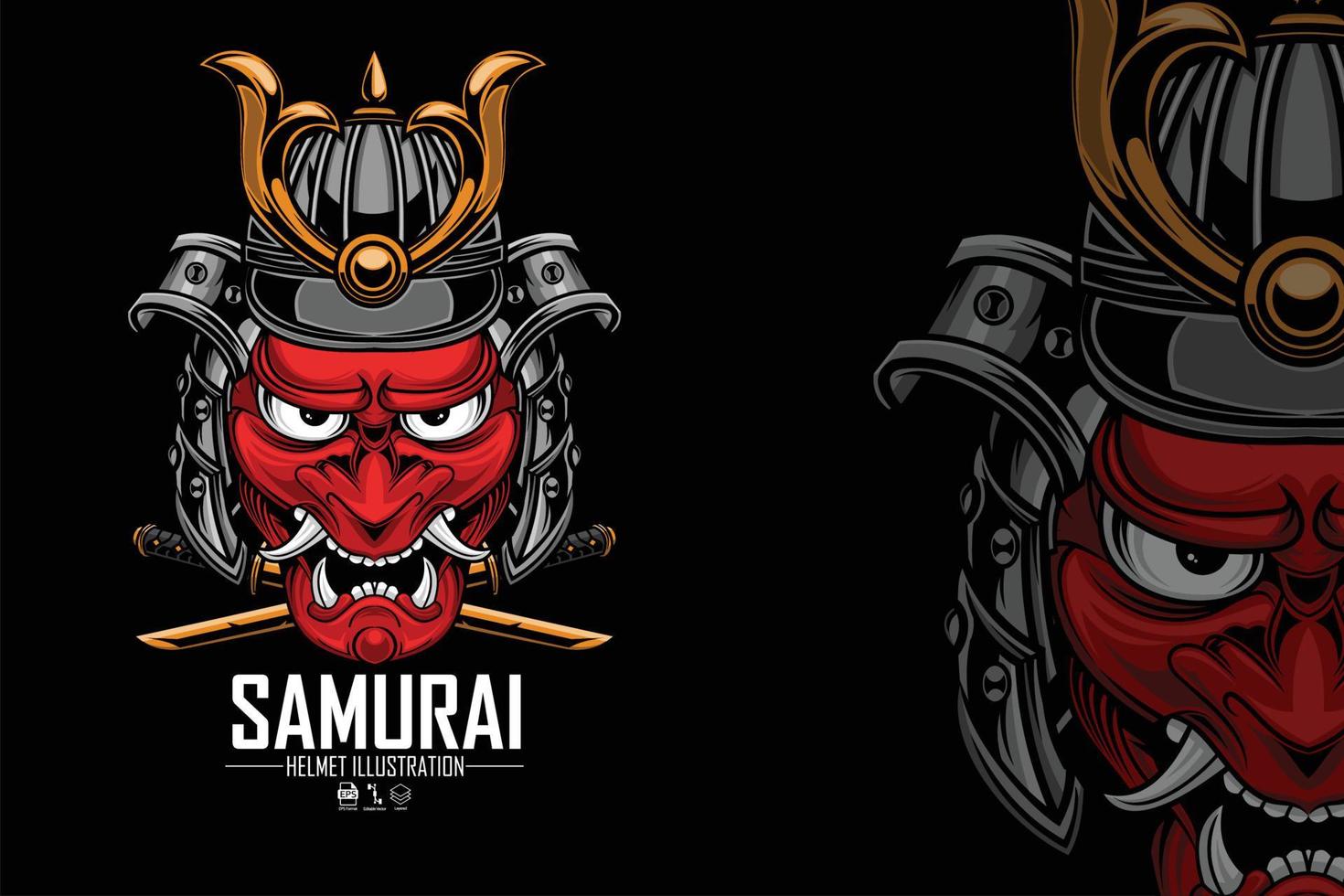 diabo faz uma ilustração de capacete de samurai 1 com um fundo preto.eps vetor