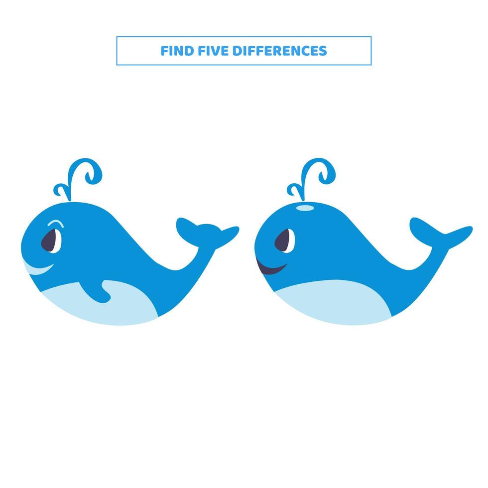 encontre cinco diferenças entre as baleias dos desenhos animados. vetor