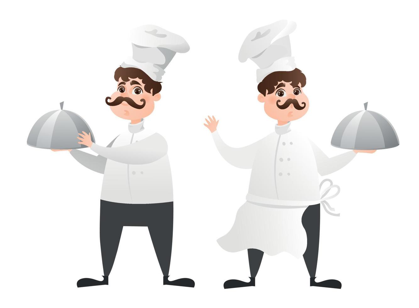 chefs de chapéu branco em uma cozinha de restaurante preparando comida. chefs bonitos de uniforme segurando um prato vazio. mestre profissional vetor