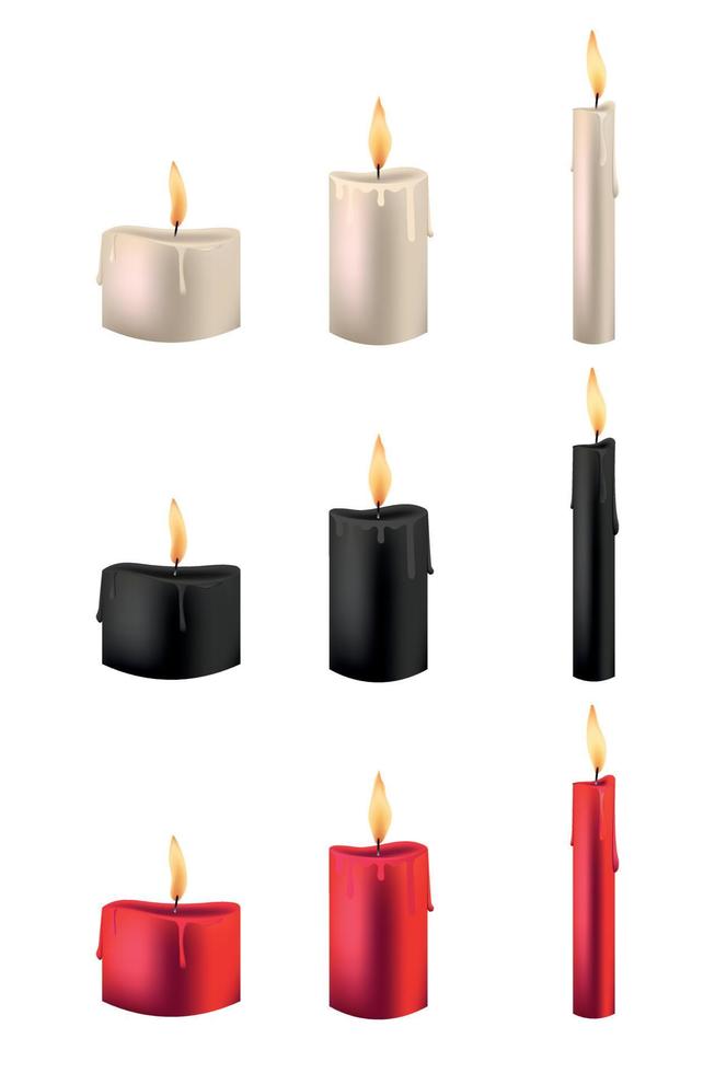 conjunto de vetores de velas multicoloridas ardentes realistas sobre fundo branco. amarelo, preto, vermelho, velas para halloween, magia, mística, romântico