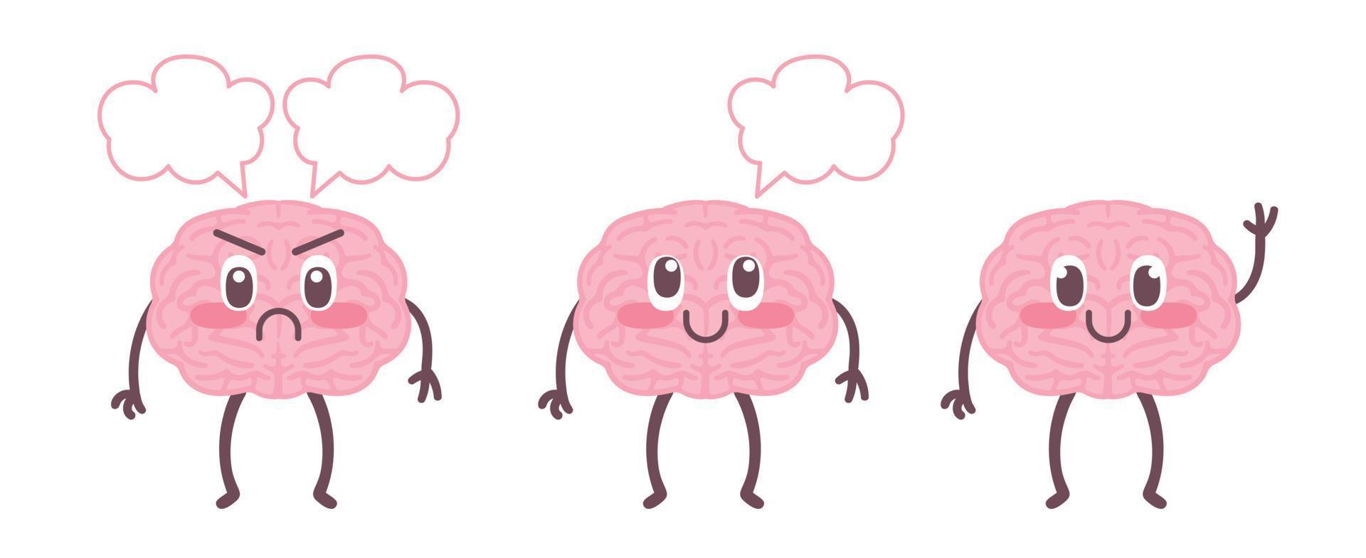 bonito cérebro feliz conjunto ilustração. desenho plano ícone da mascote do personagem do órgão humano dos desenhos animados. nutrição, treinar seu cérebro, cuidados com a mente, ajuste, atenção plena, saudável, insalubre. vetor