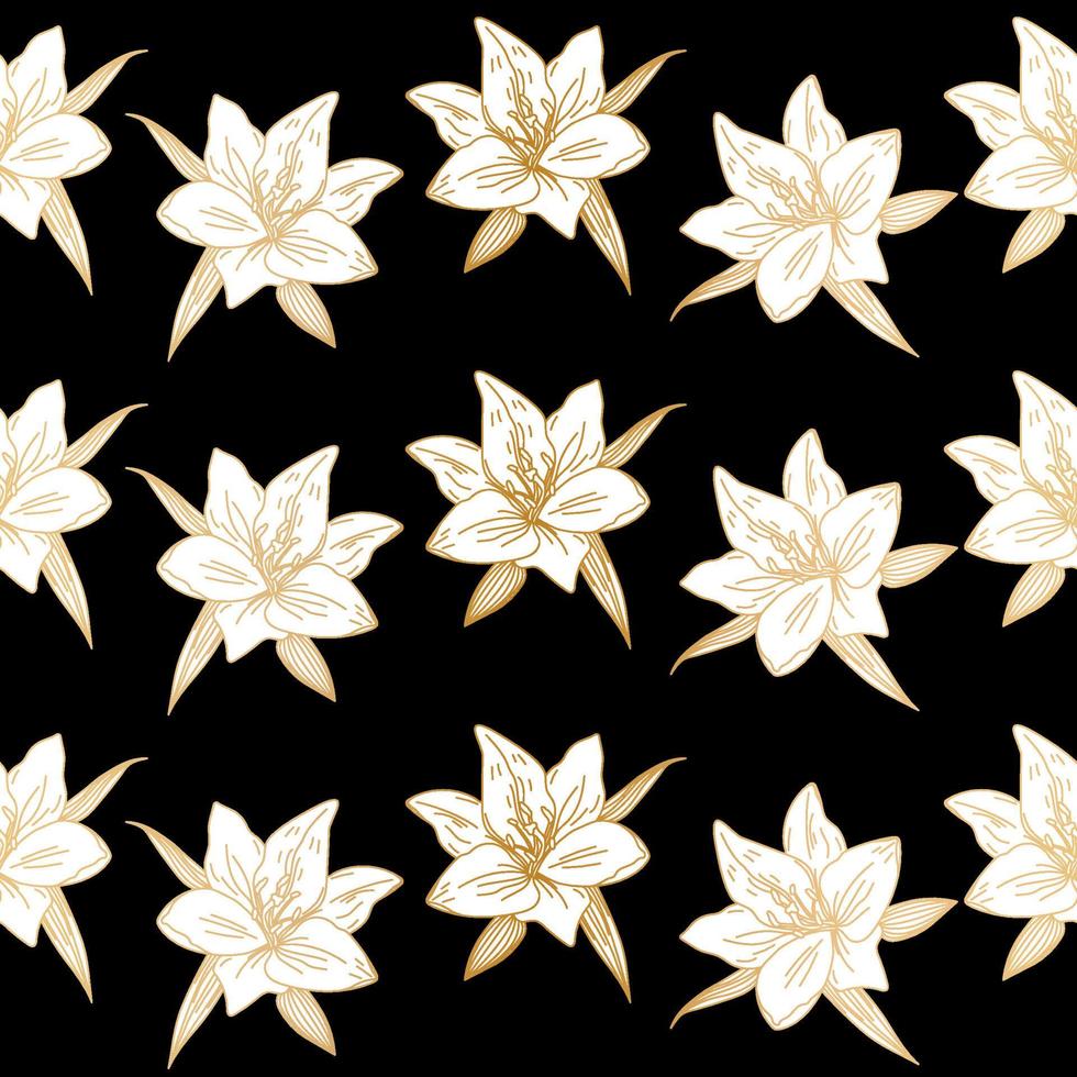convite abstrato flor de lírio em pano de fundo preto. elemento de design moderno. padrão sem emenda de tecido de vetor. fundo abstrato de luxo. padrão de folhas. fundo dourado. vetor
