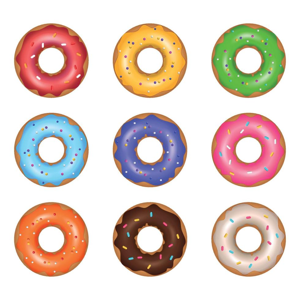 conjunto de donuts coloridos dos desenhos animados. rosquinha doce deliciosa brilhante com esmalte colorido de caramelo de açúcar e decorado com elementos decorativos coloridos. chumbada para design de menu, decoração de café, entrega. vetor