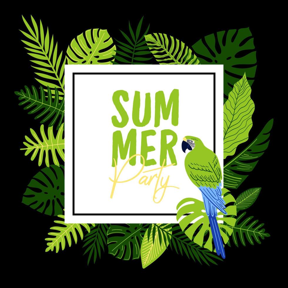 panfleto de festa tropical de vetor com folhas de monstro, palmeira, samambaia e arara verde. ilustração de verão
