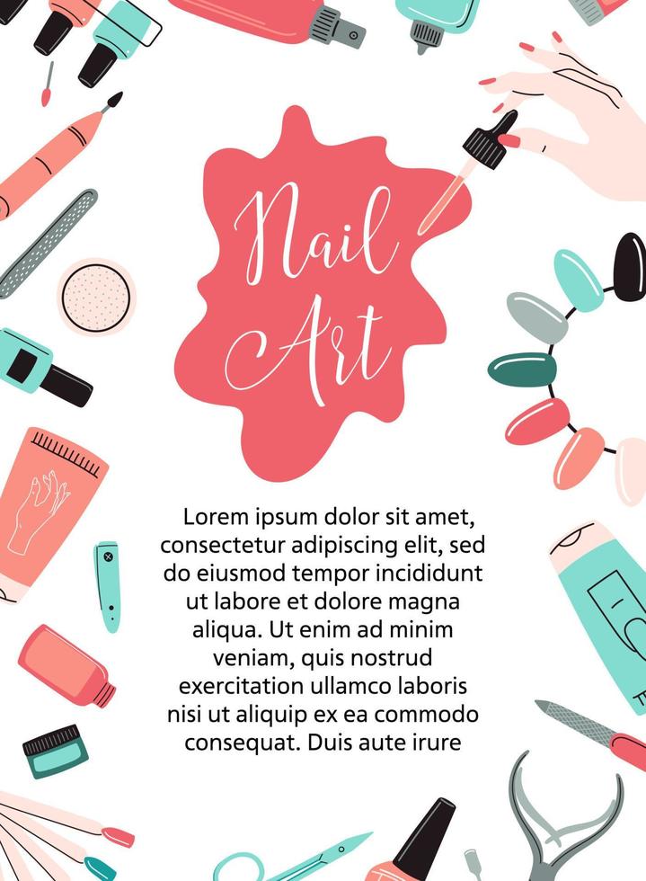 cartão de unhas, panfleto, certificado, banner. quadro de ferramentas de manicure. conceito para estúdio de unhas, salão. ilustração vetorial. vetor