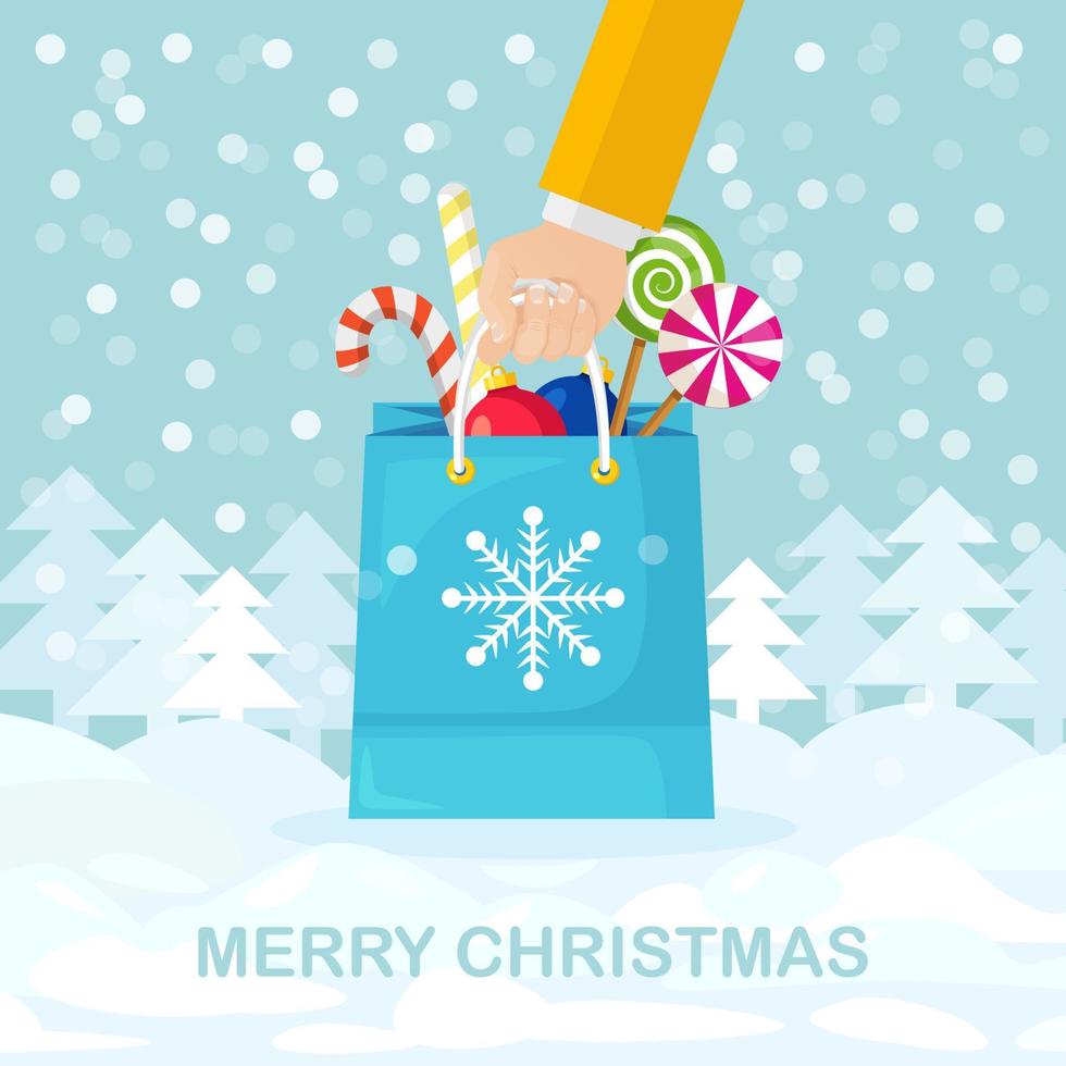 mão humana segura sacolas de compras com doces, pirulitos e flocos de neve. natal, venda de ano novo. desenho vetorial vetor