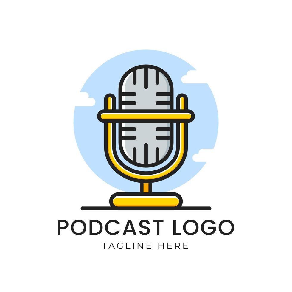 logotipo do podcast com microfone e fundo do céu vetor