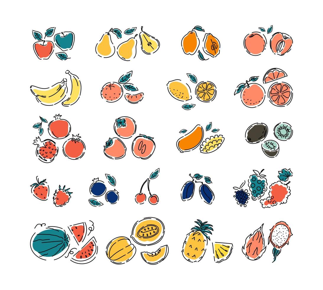 várias frutas e bagas em um fundo branco e isolado. grande conjunto de frutas tropicais naturais. rabiscos laranja cítrica e limão vitamina. ícone. ilustração vetorial. vetor