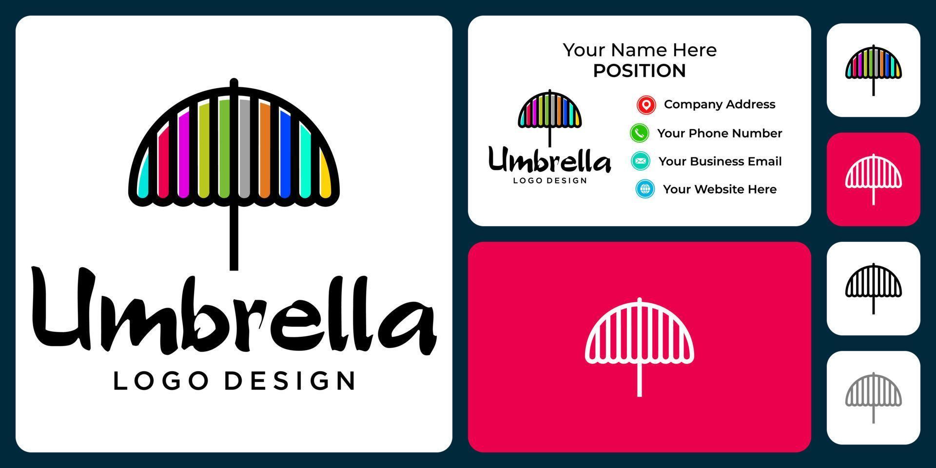 belo design de logotipo de guarda-chuva com modelo de cartão de visita. vetor