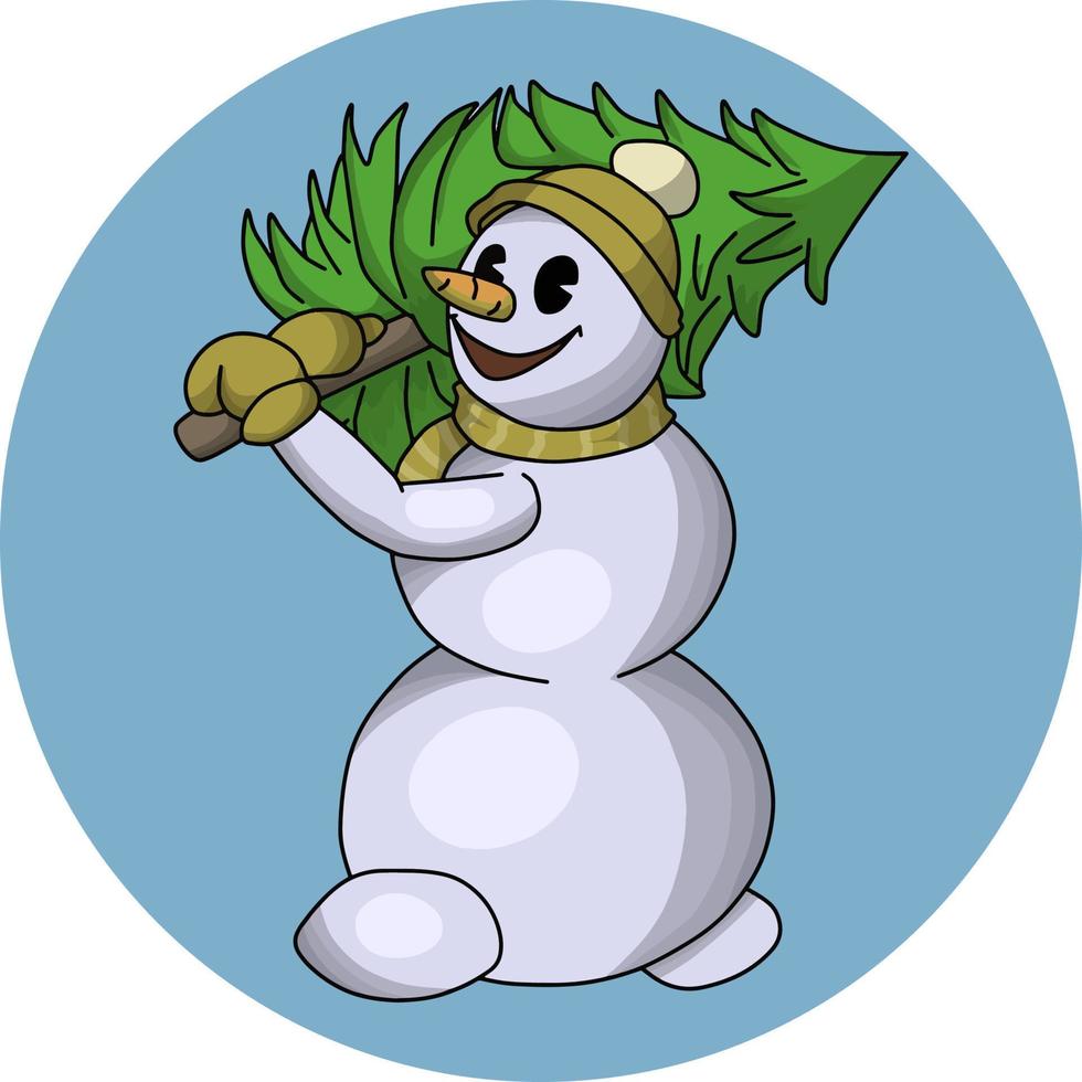 um boneco de neve bonito com uma árvore de natal nas mãos está andando e sorrindo. ilustração vetorial em um fundo azul redondo, elemento de design, ícone do logotipo vetor